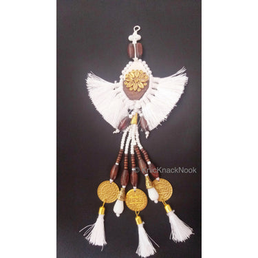 White Tassels With White Acrylic And Brown Wood Button In Kundan Stones, Wood Beads, Pearls